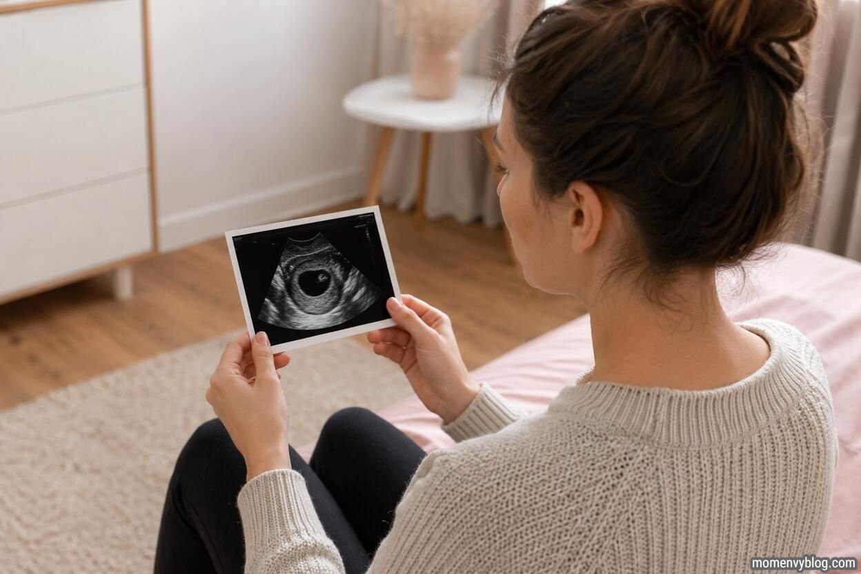 Woman holding an early pregnancy ultrasound image while sitting at home, symbolizing questions about fetal heartbeat in the third week of pregnancy.