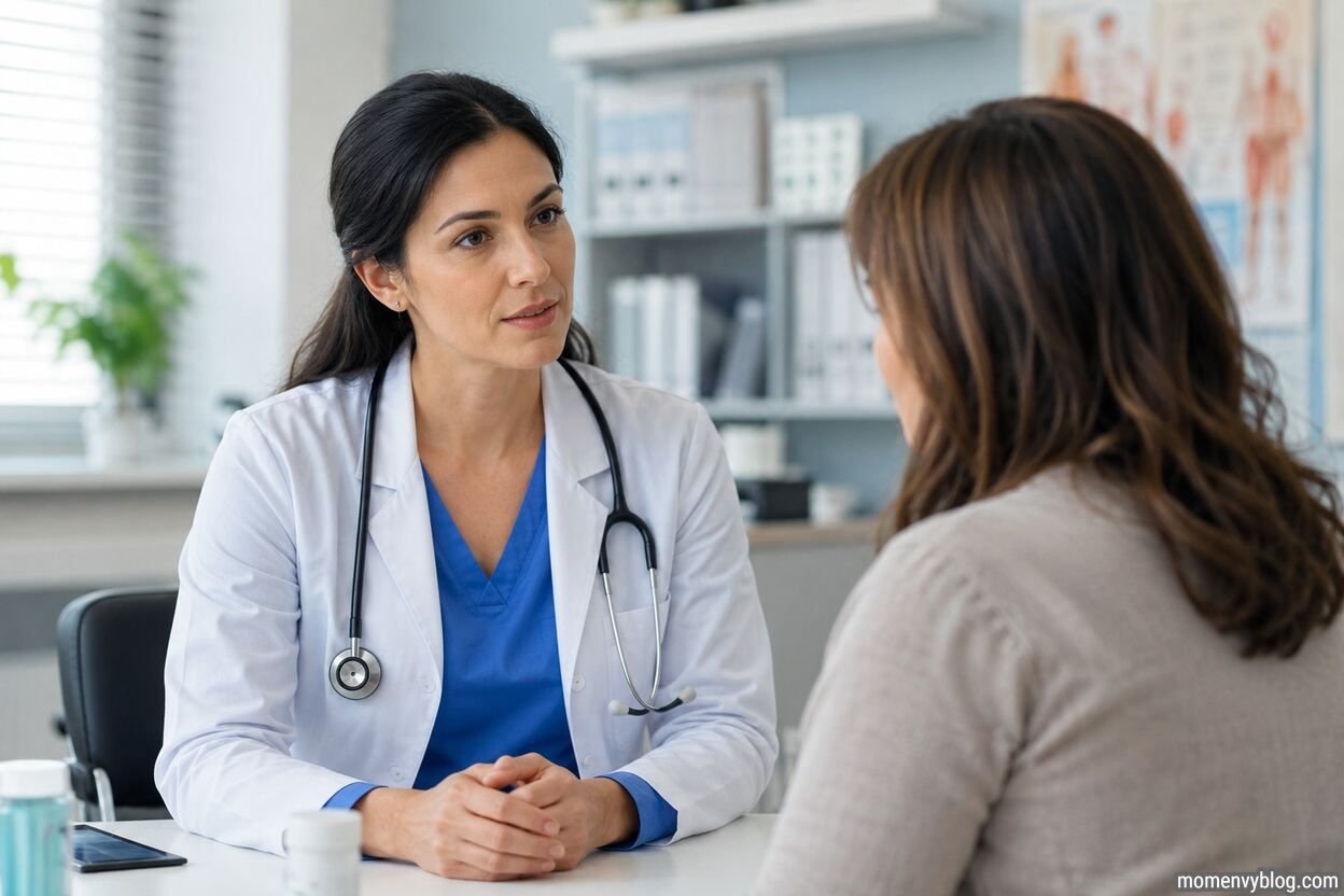 A healthcare professional consults with a patient in a bright, modern medical office, discussing health concerns in a calm and supportive environment.