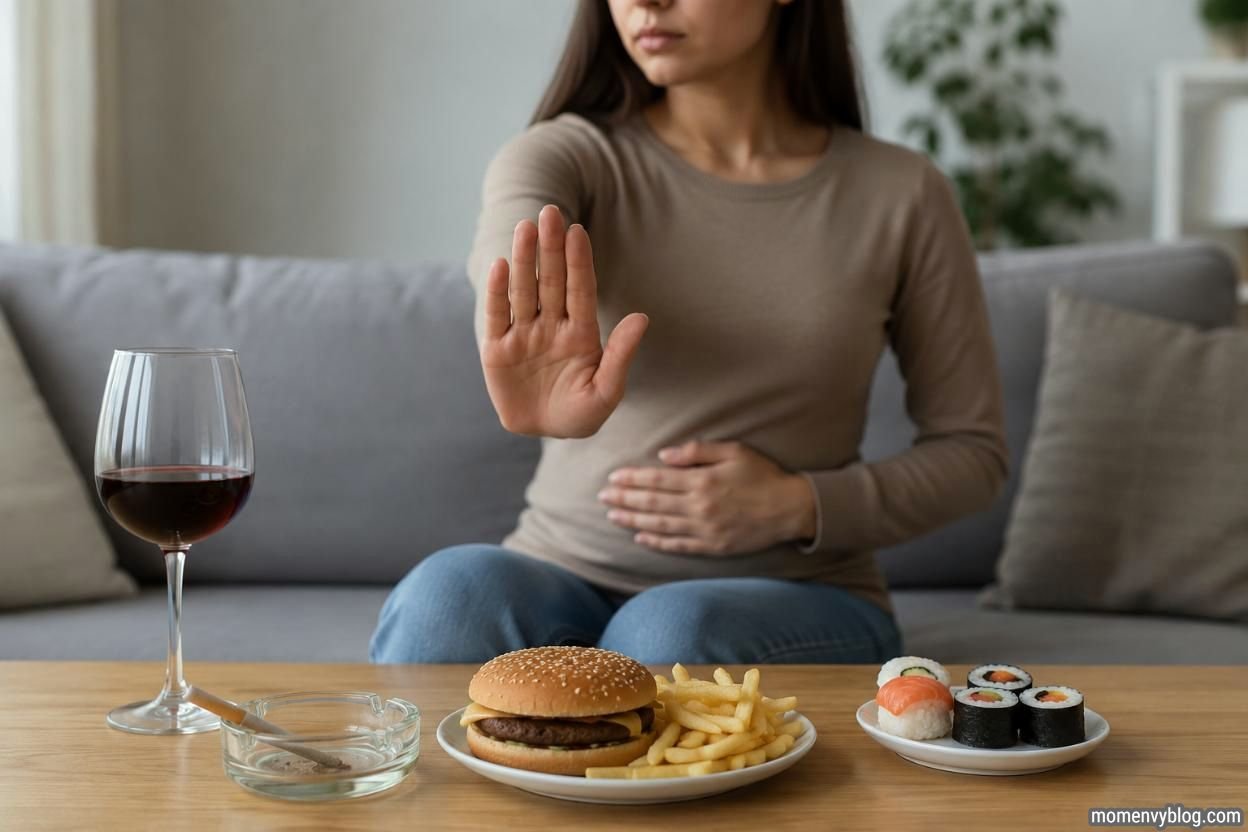 Woman avoiding unhealthy foods and alcohol during early pregnancy.