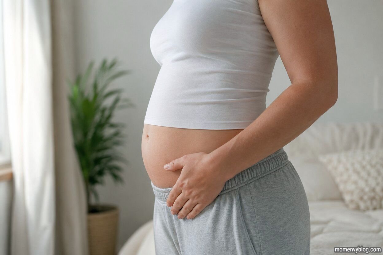 Close-up side view of a woman’s slightly rounded 4-week pregnant belly with hands gently resting on her abdomen in a softly lit bedroom.