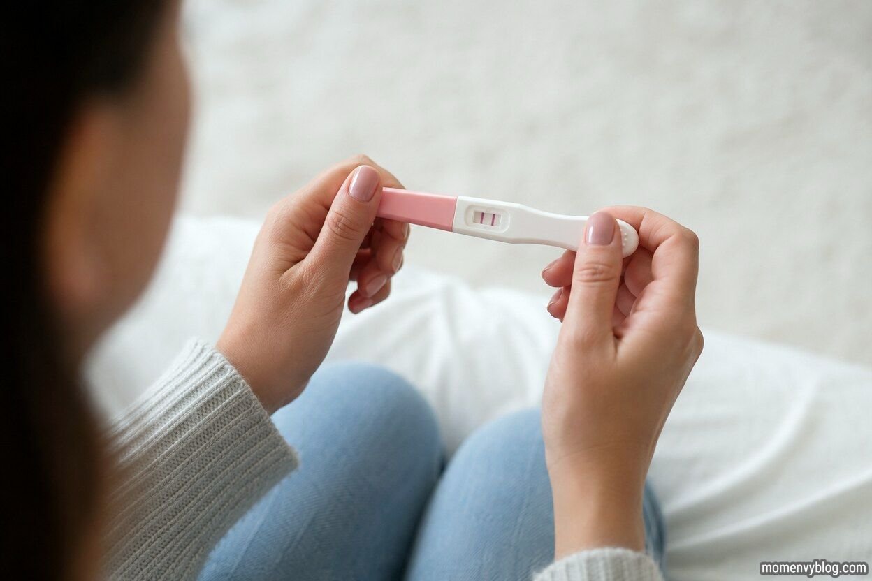 Woman holding a positive pregnancy test with two lines in a softly lit bedroom, symbolizing early pregnancy at around 4 weeks.