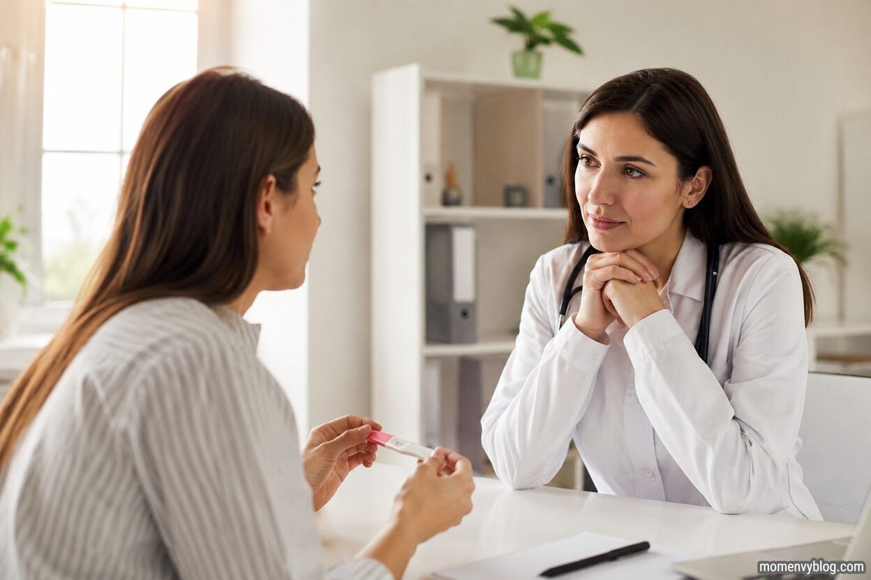 Woman discussing a positive home pregnancy test with a doctor during a medical consultation in a bright clinic.