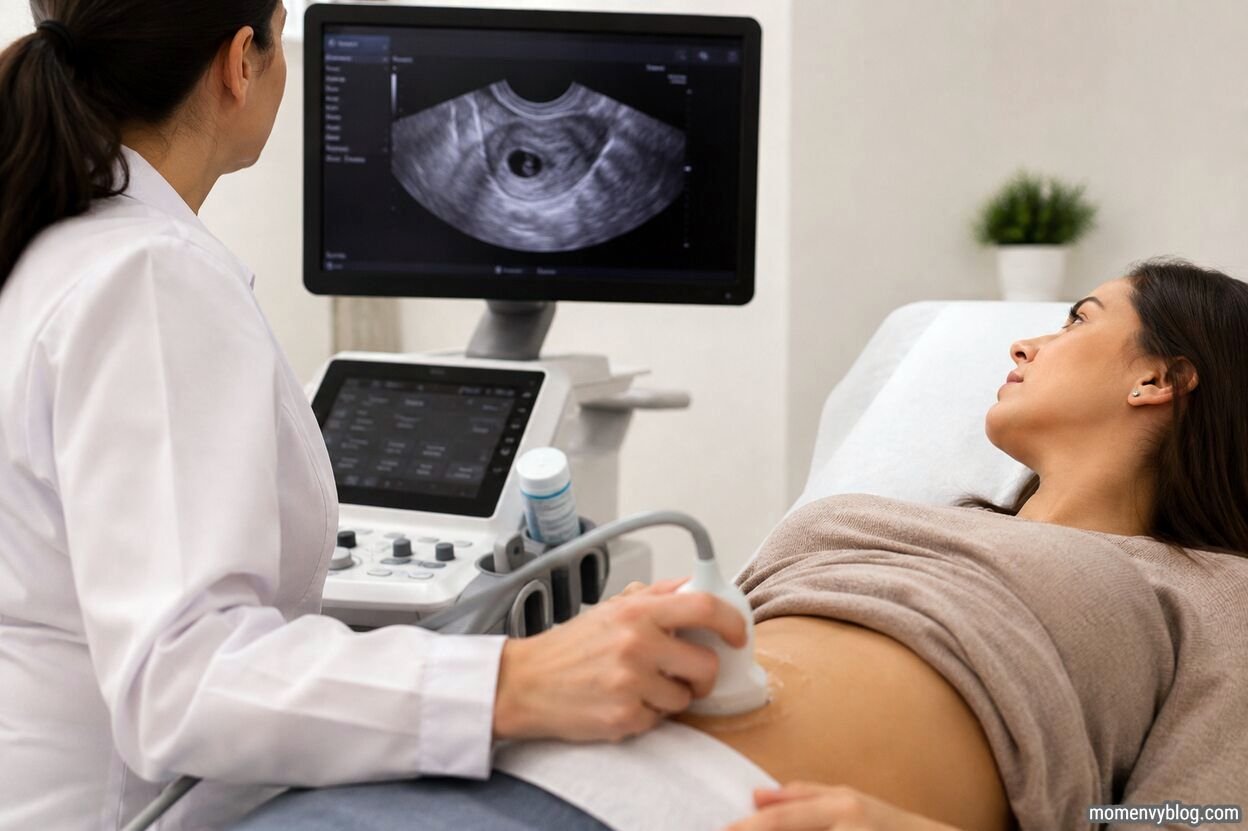 Healthcare provider performing an early pregnancy ultrasound while a woman watches the ultrasound monitor in a medical clinic.