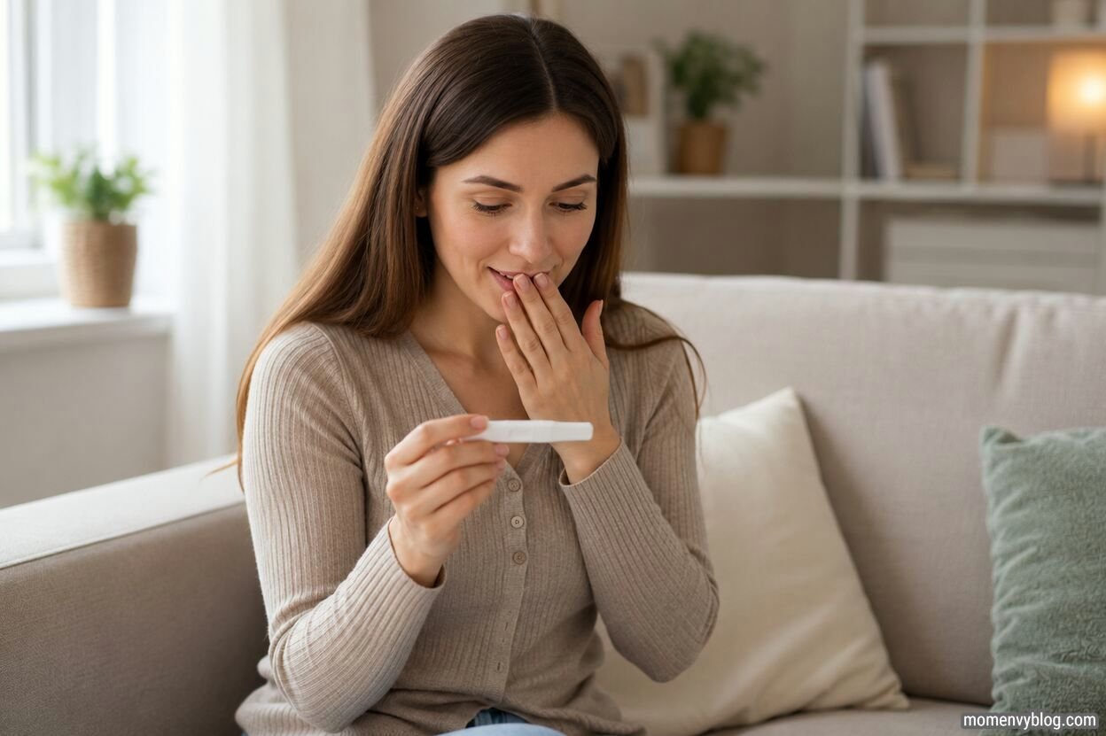Woman smiling while holding a positive pregnancy test at home, wondering if she could be pregnant with twins at 4 weeks.