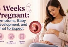5 Weeks Pregnant: Symptoms, Baby Development, and What to Expect – illustrated featured image showing a pregnant woman with a 5-week embryo graphic and pregnancy milestones.