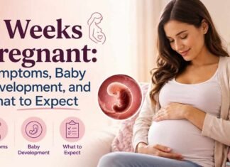 5 Weeks Pregnant: Symptoms, Baby Development, and What to Expect – illustrated featured image showing a pregnant woman with a 5-week embryo graphic and pregnancy milestones.