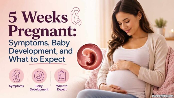 5 Weeks Pregnant: Symptoms, Baby Development, and What to Expect 5 Weeks Pregnant: Symptoms, Baby Development, and What to Expect – illustrated featured image showing a pregnant woman with a 5-week embryo graphic and pregnancy milestones.