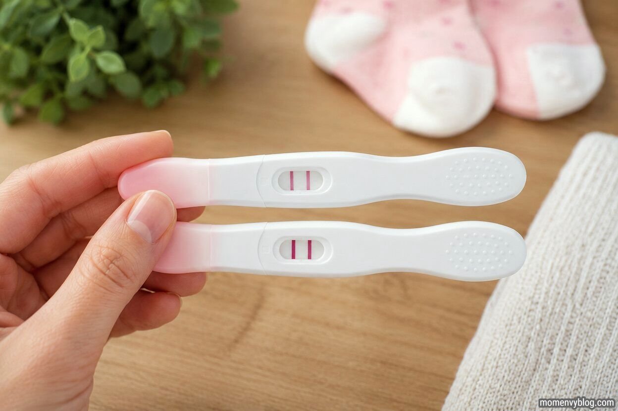 Two positive pregnancy tests with visible test lines held side by side, illustrating changes in line darkness over time.