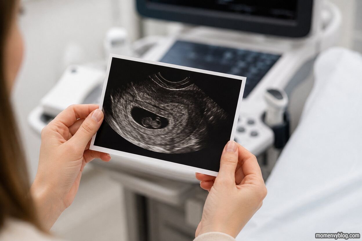 Hands holding an early pregnancy ultrasound image showing a gestational sac in a medical clinic.