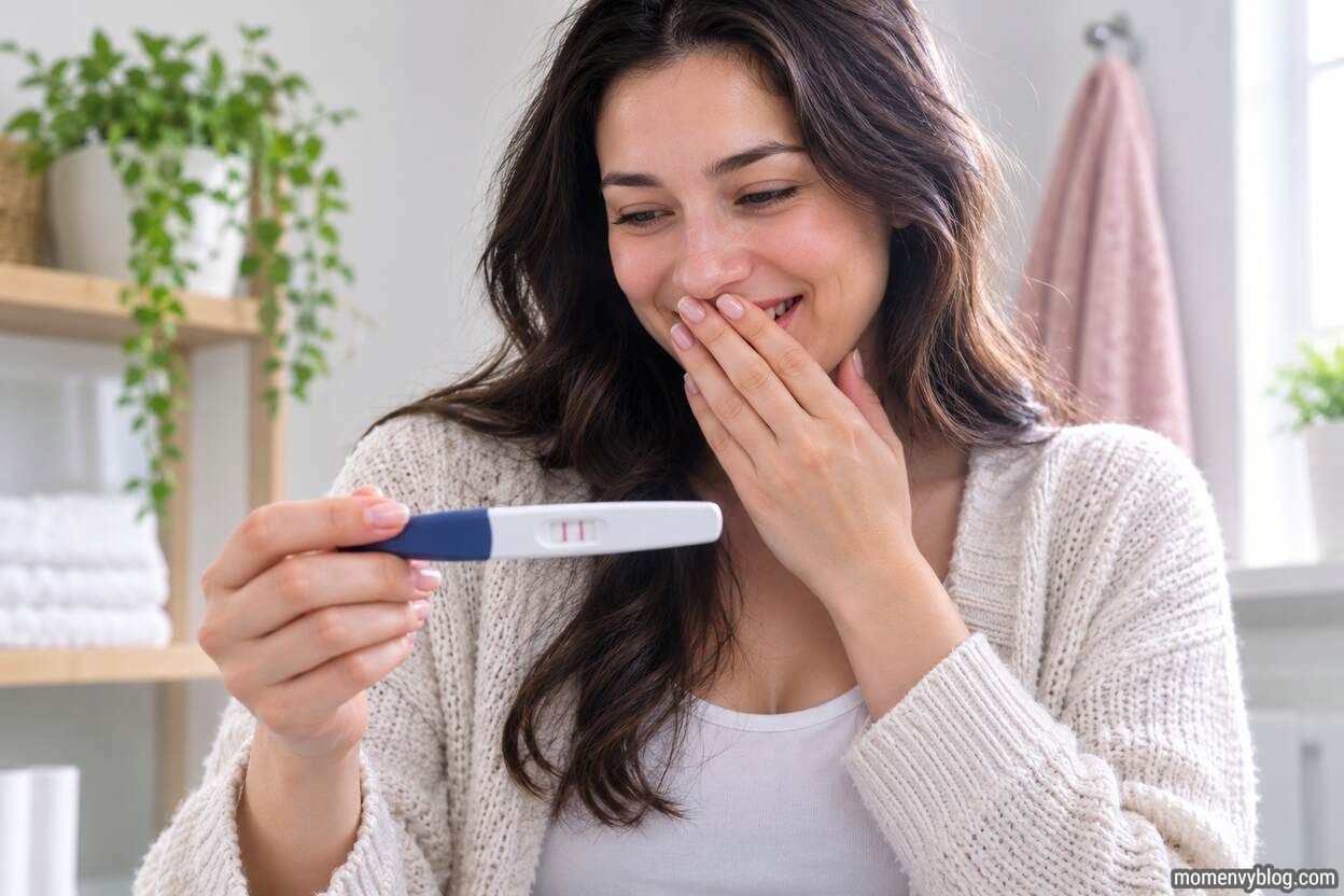 Woman holding a positive pregnancy test at 5 weeks with a joyful expression in a softly lit home setting.