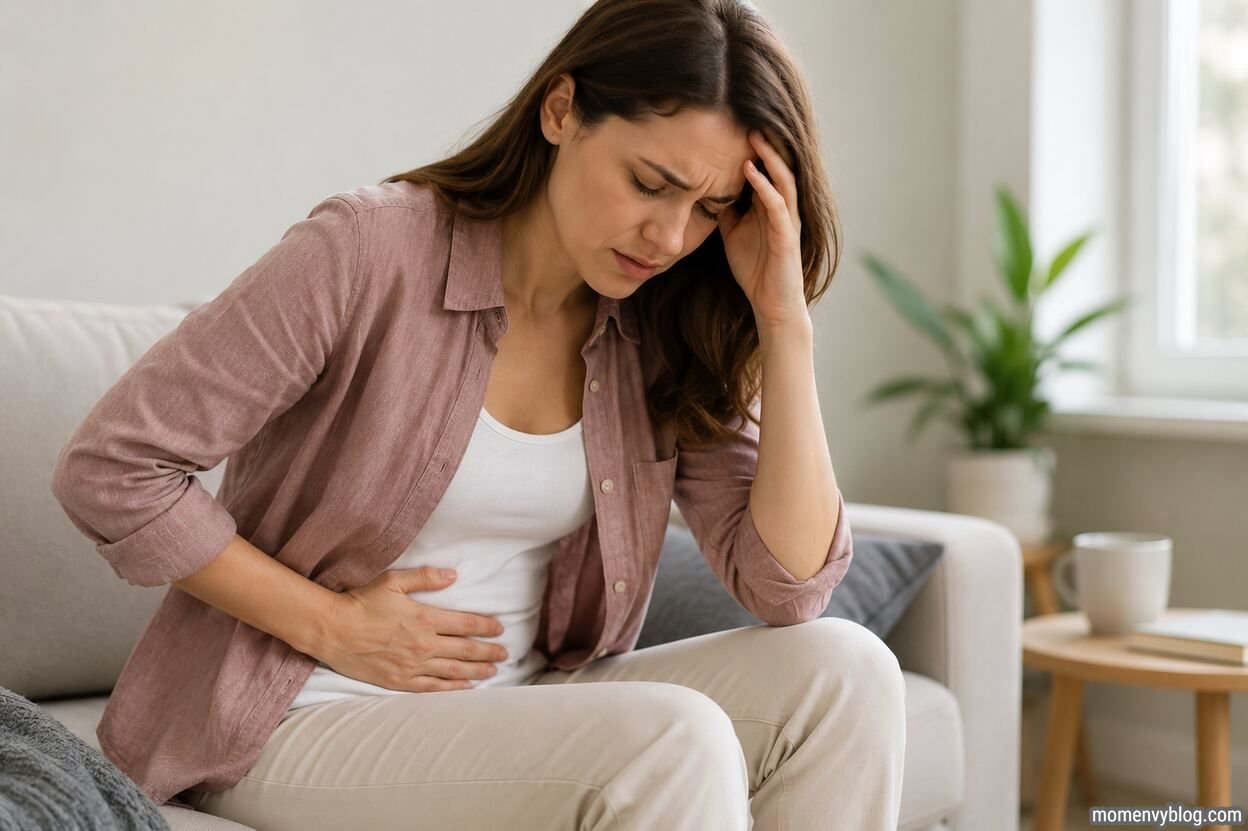 Woman experiencing lower abdominal pain while sitting on a sofa, illustrating possible ectopic pregnancy warning signs at 5 weeks.
