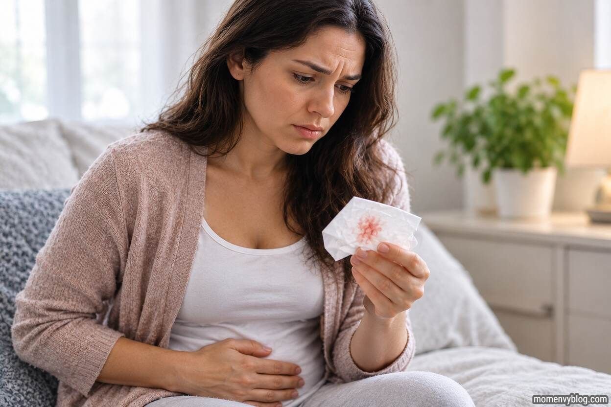 Pregnant woman looking at light spotting on a tissue while holding her lower abdomen with a concerned expression.
