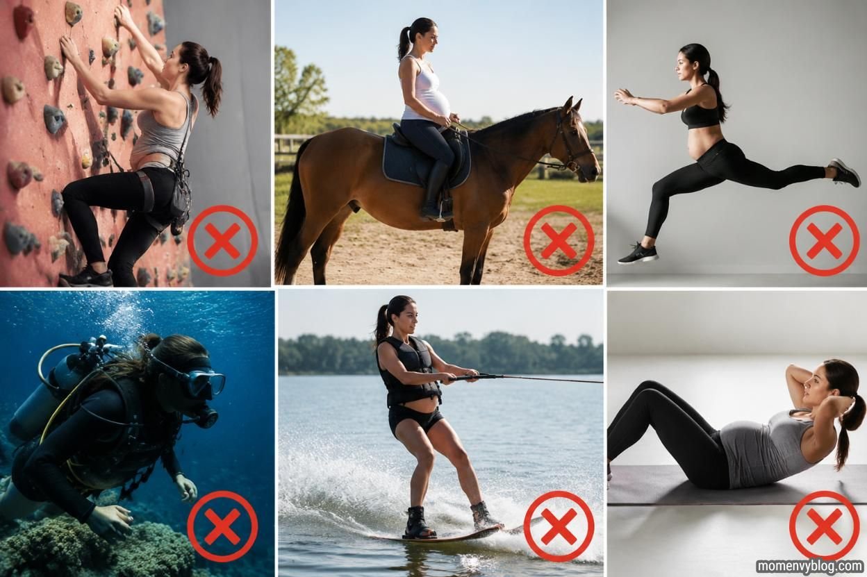 Pregnant woman avoiding unsafe exercises and high-risk physical activities during pregnancy, including intense workouts and dangerous sports.