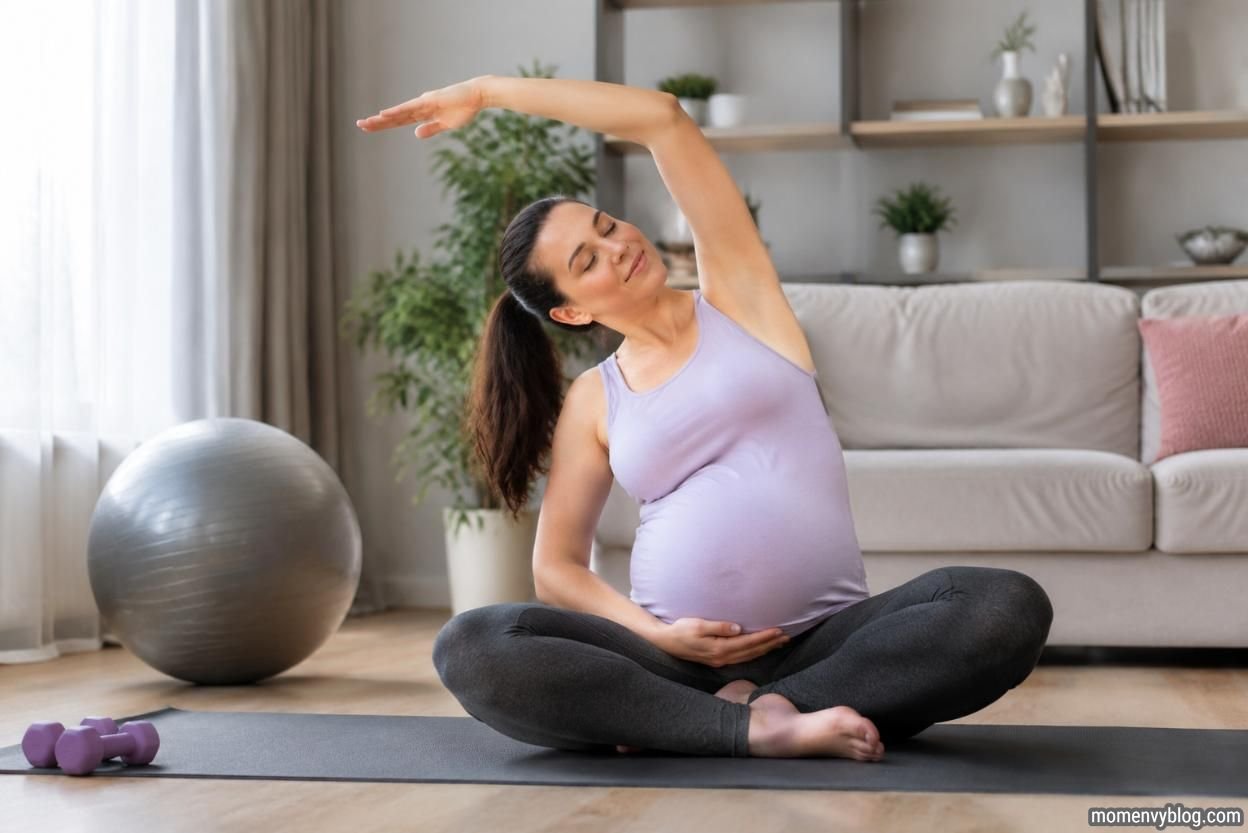 Pregnant woman doing gentle prenatal exercise on a yoga mat at home