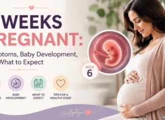 6 weeks pregnant woman with baby development illustration showing pregnancy symptoms and expectations.