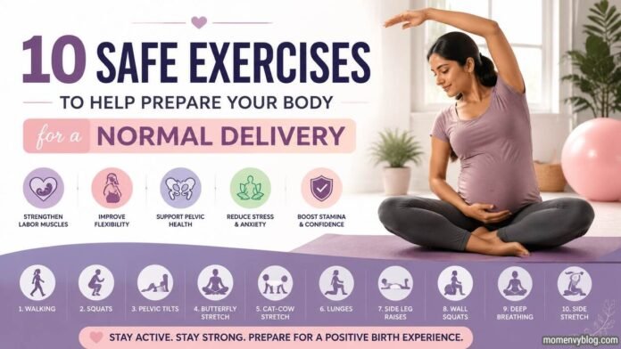 10 Safe Exercises to Help Prepare Your Body for a Normal Delivery Pregnant woman doing safe exercises to prepare for normal delivery.
