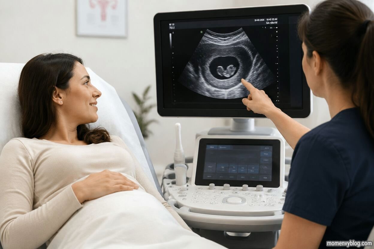Pregnant woman viewing a 6-week ultrasound scan with a healthcare provider in a clinic.