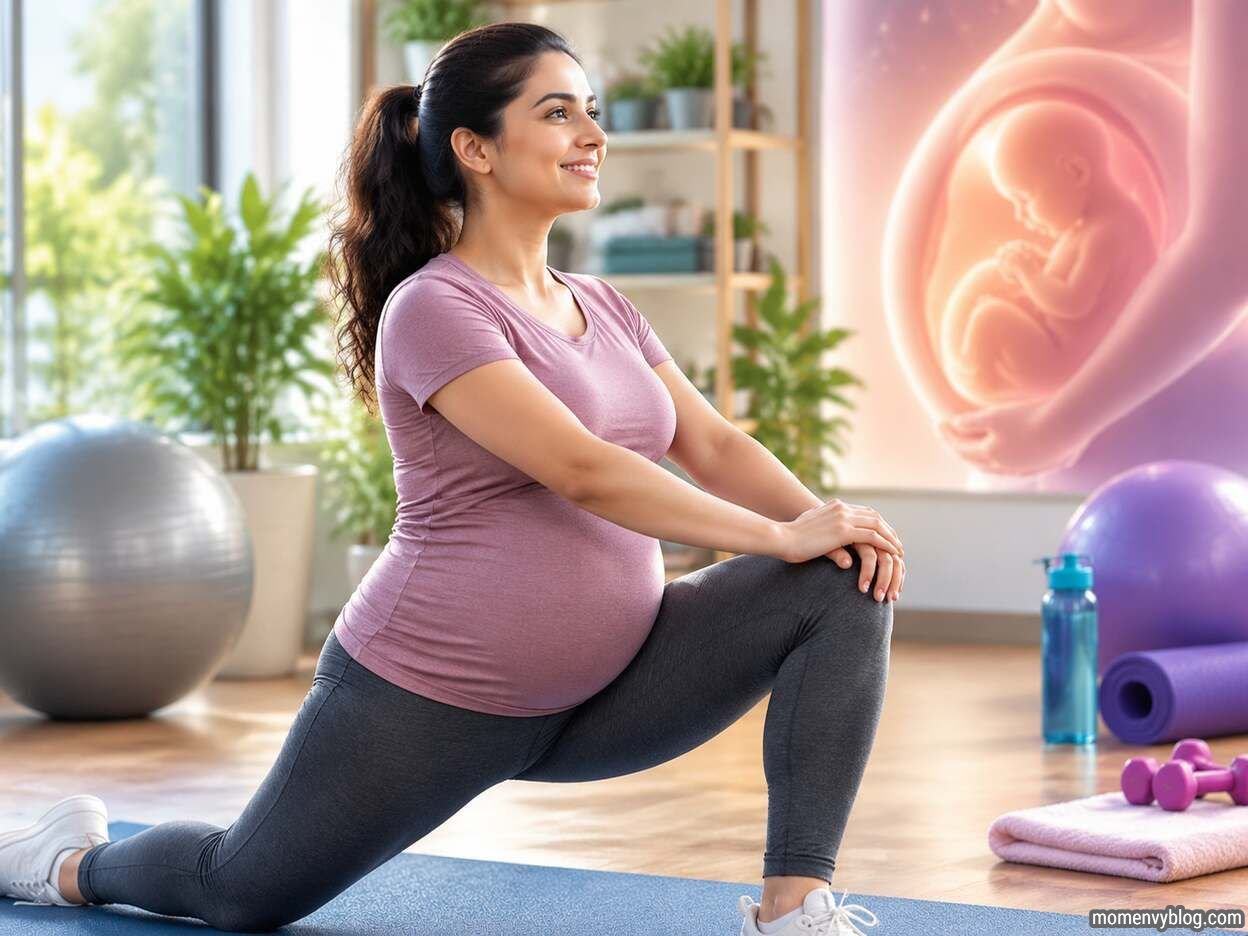 Pregnant woman doing prenatal exercise with a yoga ball to support healthy delivery preparation.