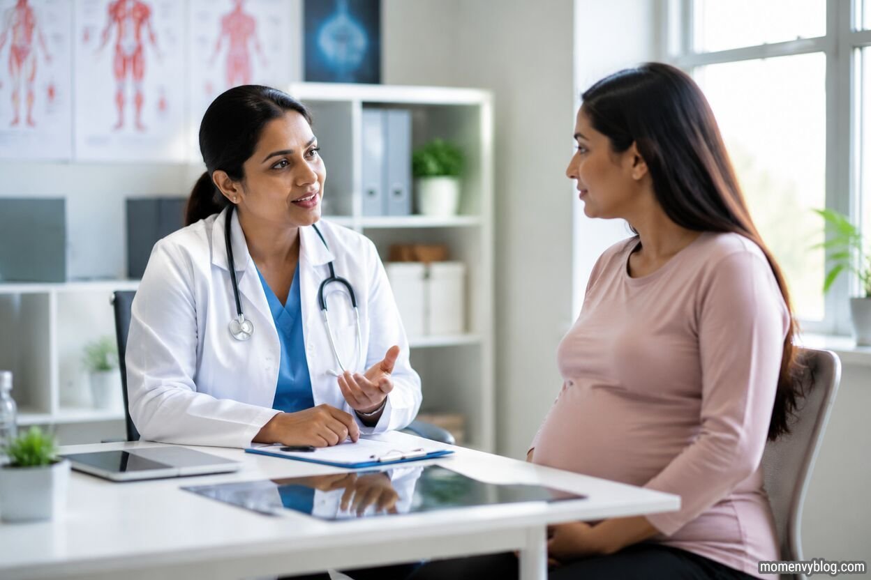 Pregnant woman consulting a doctor before starting prenatal exercise to discuss safe workout options.