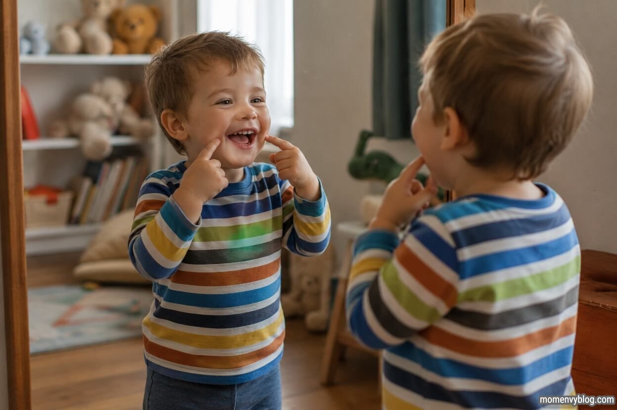 Smiling toddler laughing while practicing a funny joke in front of a mirror in a bright, cozy playroom filled with toys.