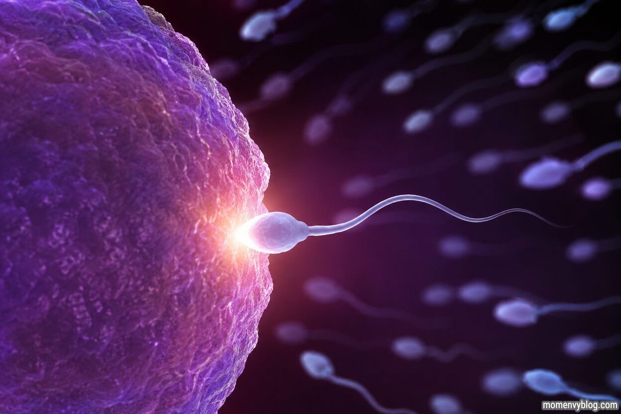 Close-up realistic illustration of fertilization at 3 weeks pregnant, showing a sperm cell penetrating an egg while other sperm cells surround it against a soft, dark background.