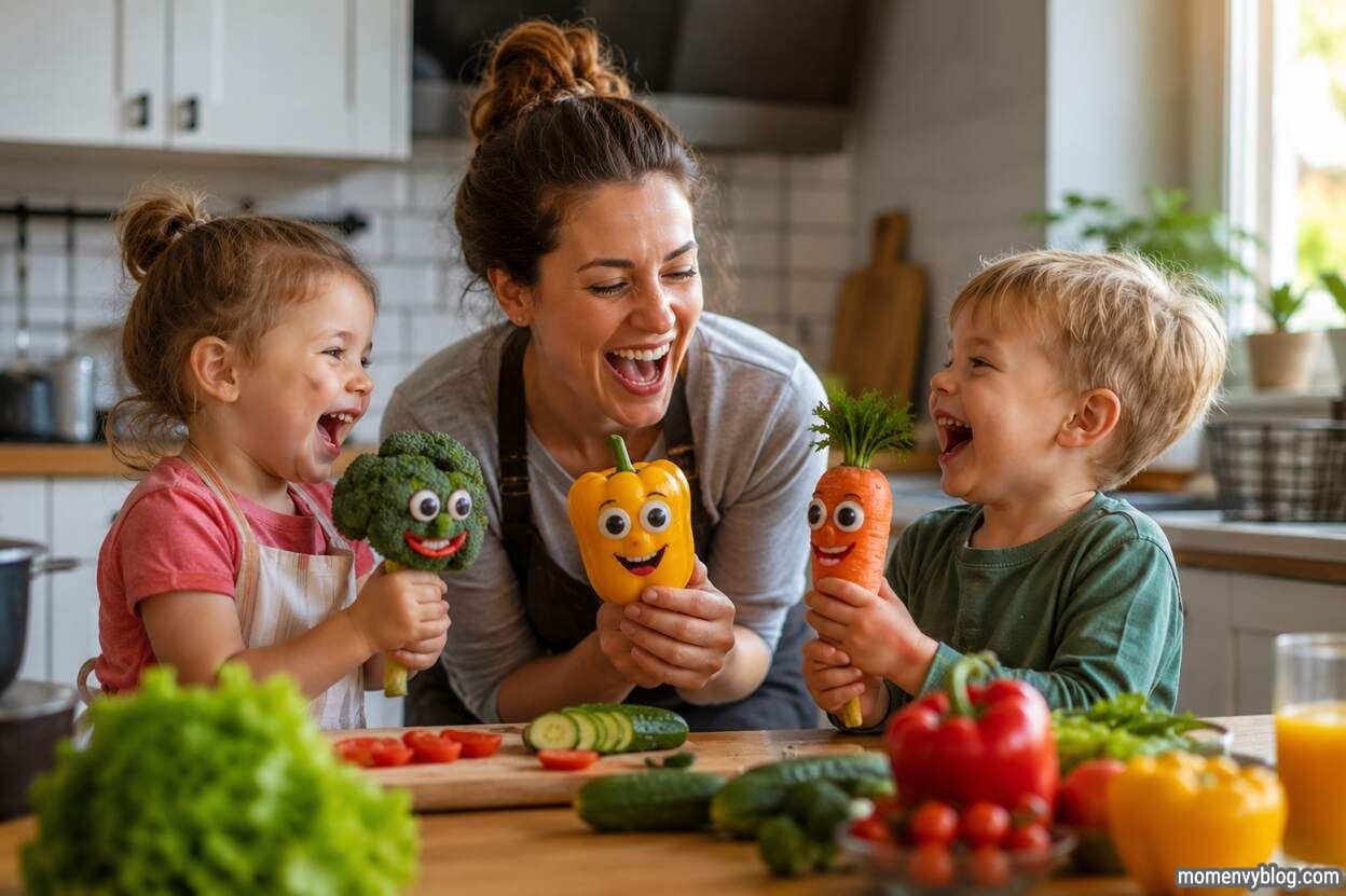 Happy little kids and their parent laughing in a bright kitchen while holding smiling fruit and vegetable characters during a playful food-themed activity.
