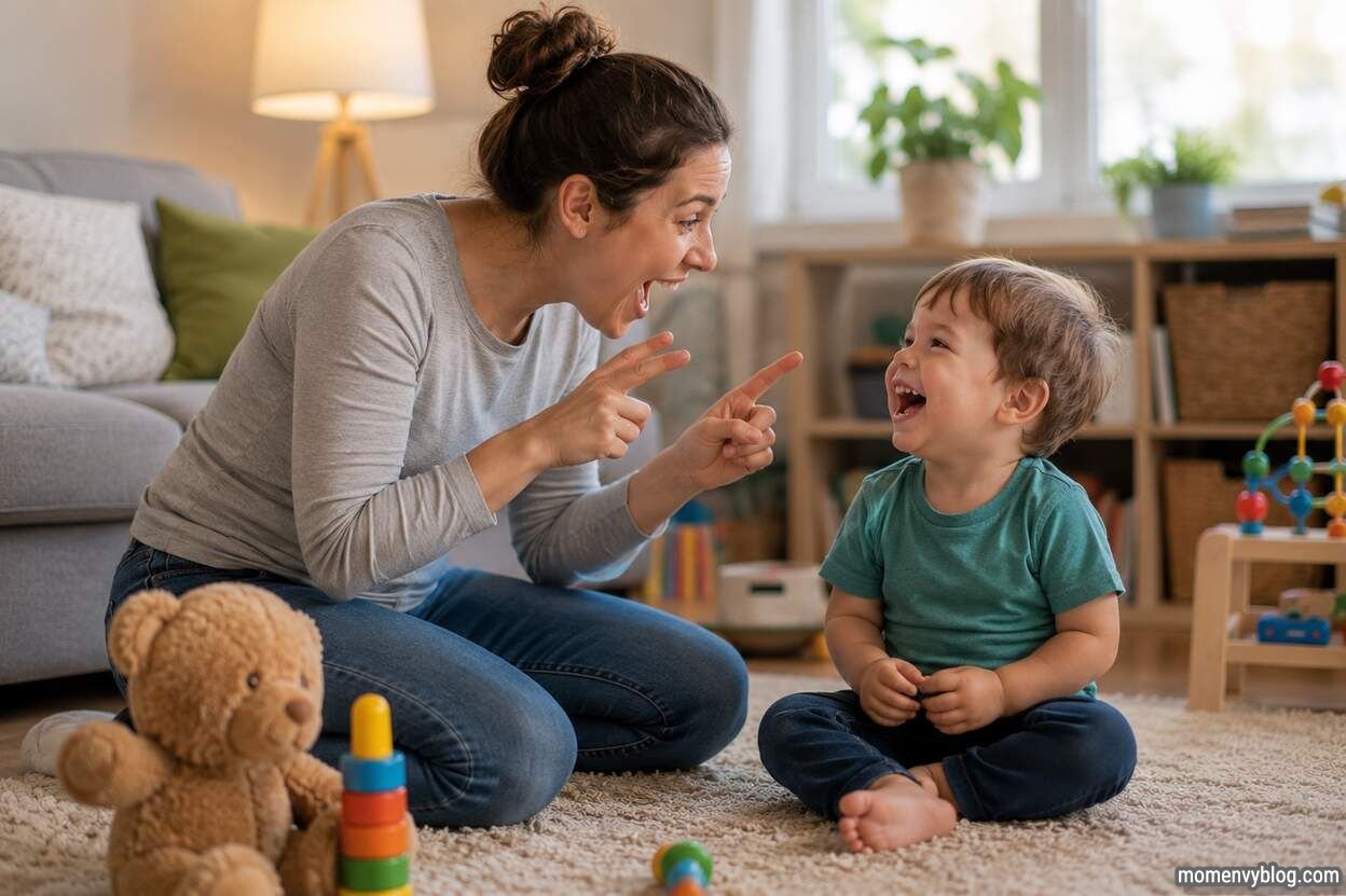 Parent and toddler laughing together during a playful storytelling and joke session in a cozy living room with toys and books.