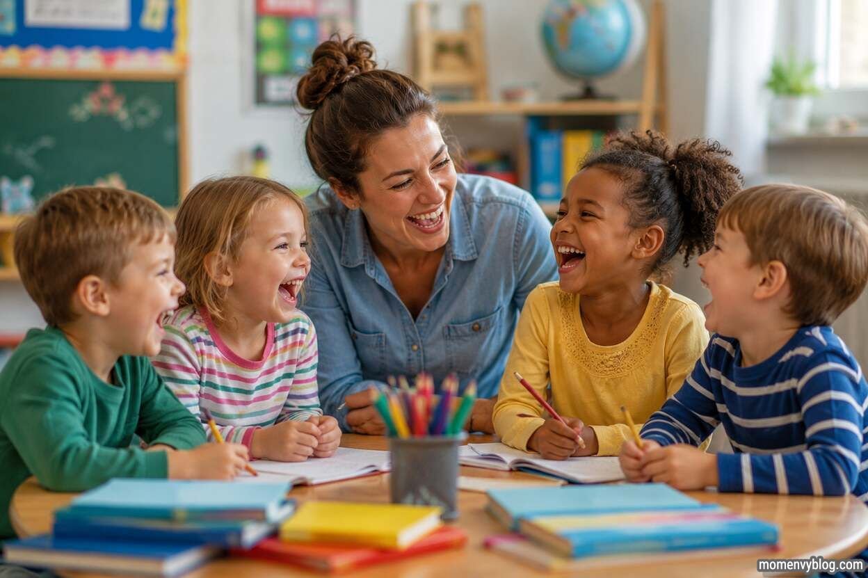 Happy teacher and young students laughing together during a fun classroom learning activity with books, pencils, and colorful school supplies.