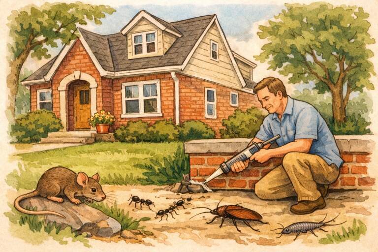 Illustration of a pest control technician applying treatment around a home's foundation while common household pests, including a rat, ants, a cockroach, and a silverfish, are visible in the yard.
