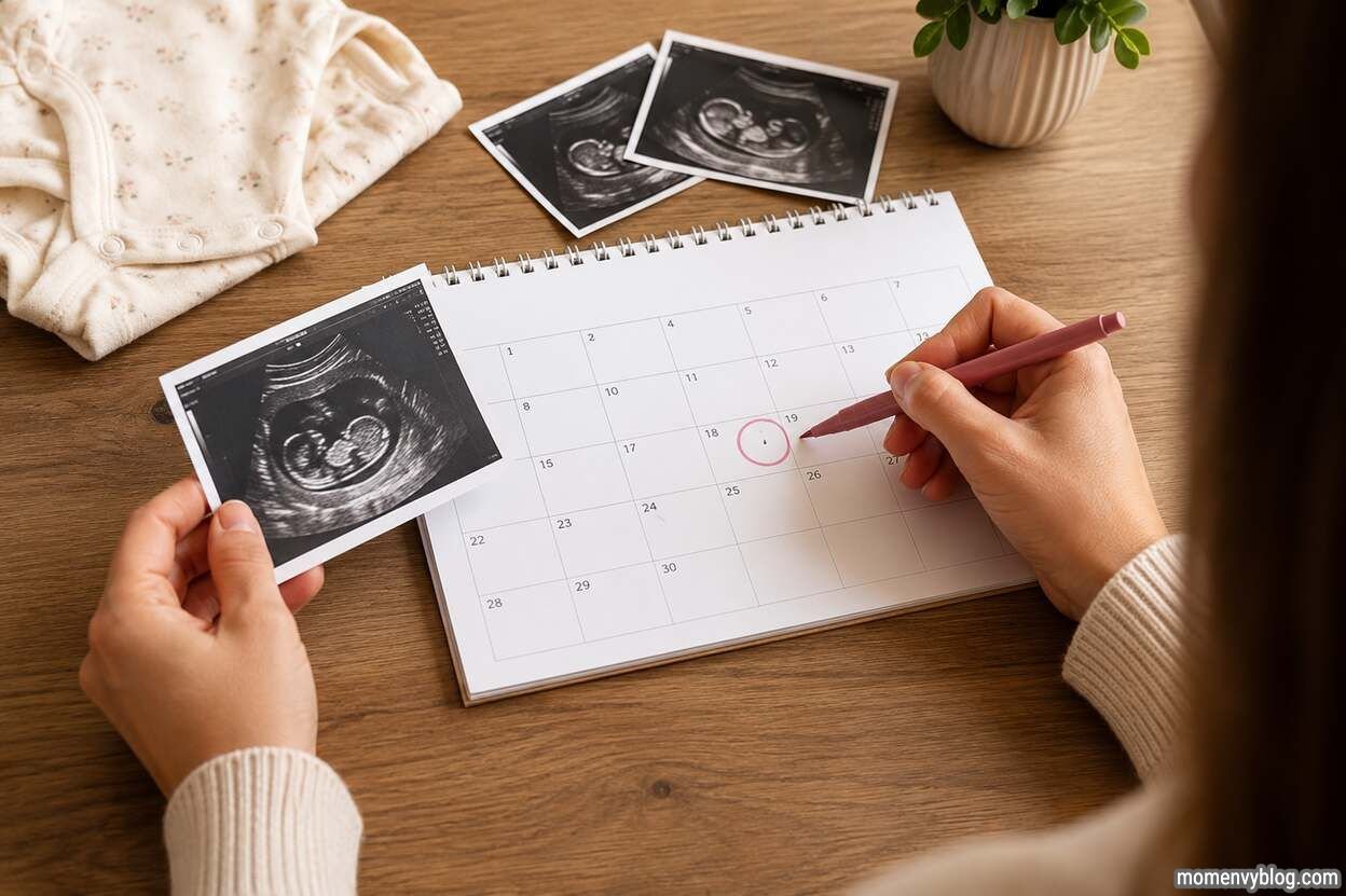 Person marking dates on a calendar while holding an ultrasound photo, illustrating how pregnancy weeks are calculated from the first day of the last menstrual period.