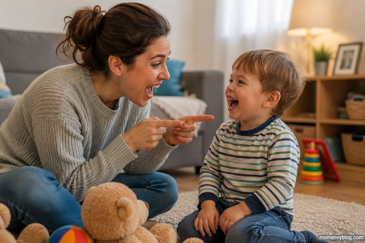 Parent making funny faces and using playful gestures while a laughing toddler enjoys the joke in a cozy living room filled with toys.