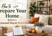Prepare your home before a seasonal decor refresh with a clean, cozy living room featuring neutral décor, plants, and autumn accents.