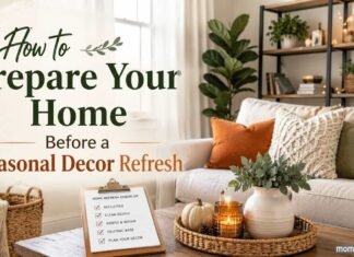 Prepare your home before a seasonal decor refresh with a clean, cozy living room featuring neutral décor, plants, and autumn accents.