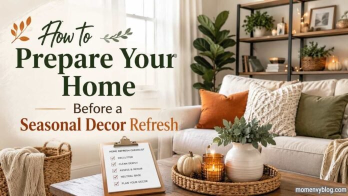 How to Prepare Your Home Before a Seasonal Decor Refresh Prepare your home before a seasonal decor refresh with a clean, cozy living room featuring neutral décor, plants, and autumn accents.