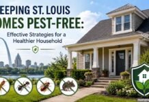 Modern suburban home in St. Louis with a clean front yard, pest prevention icons, and the Gateway Arch in the background promoting a pest-free home.