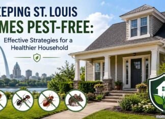 Keeping St. Louis Homes Pest-Free: Effective Strategies for a Healthier Household Modern suburban home in St. Louis with a clean front yard, pest prevention icons, and the Gateway Arch in the background promoting a pest-free home.