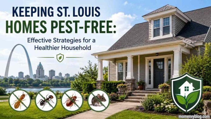 Modern suburban home in St. Louis with a clean front yard, pest prevention icons, and the Gateway Arch in the background promoting a pest-free home.