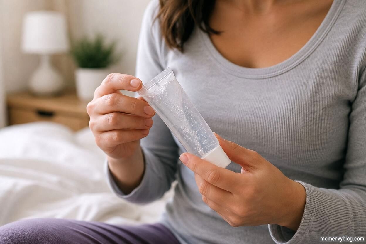 Woman holding a fertility-friendly lubricant tube, representing the use of fertility lubricant while trying to conceive.