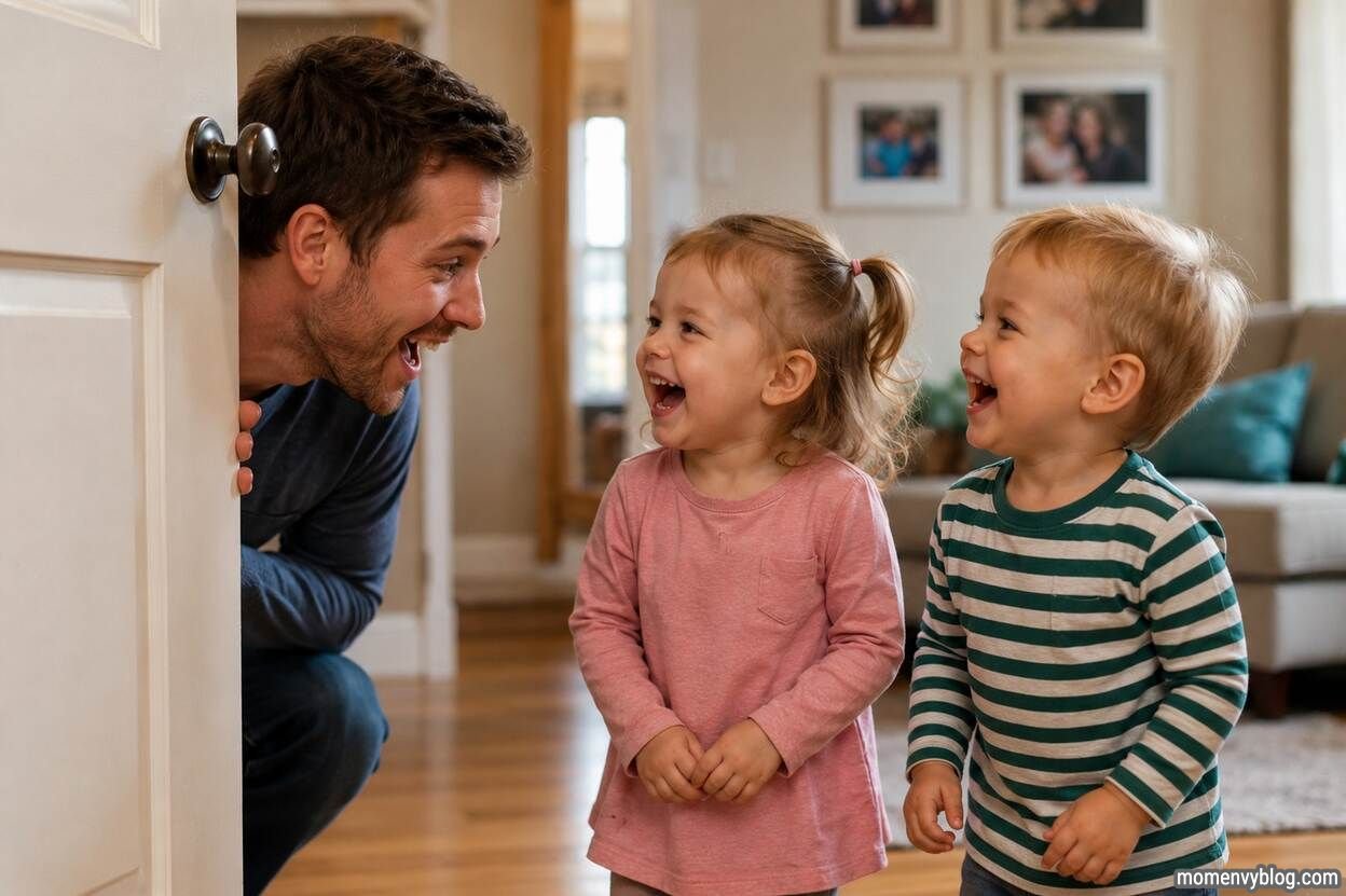 Happy toddlers laughing as a playful parent peeks from behind a door during a fun knock-knock game in a cozy family home.