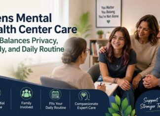 Teen receiving counseling at a mental health center with supportive parents and a therapist in a welcoming office, highlighting confidential care, family involvement, and treatment that fits daily routines.