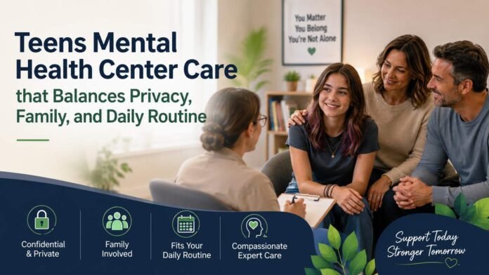 Teen receiving counseling at a mental health center with supportive parents and a therapist in a welcoming office, highlighting confidential care, family involvement, and treatment that fits daily routines.