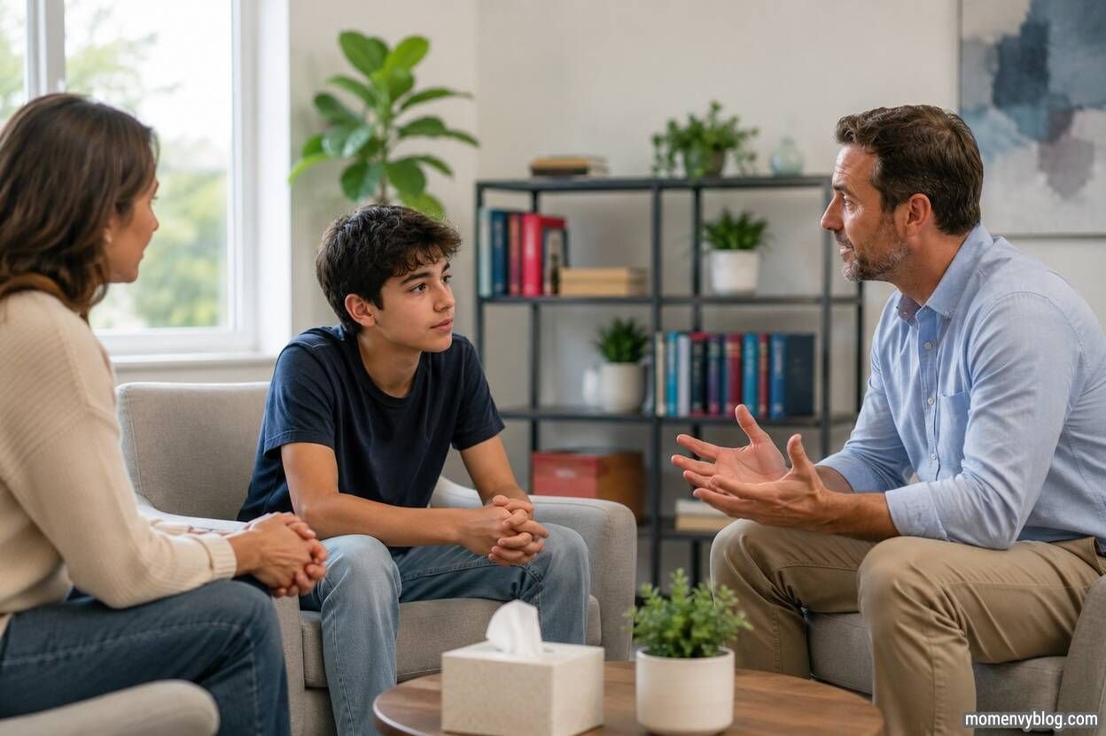 Teen participating in a counseling session with a mental health professional and parent in a supportive therapy center.
