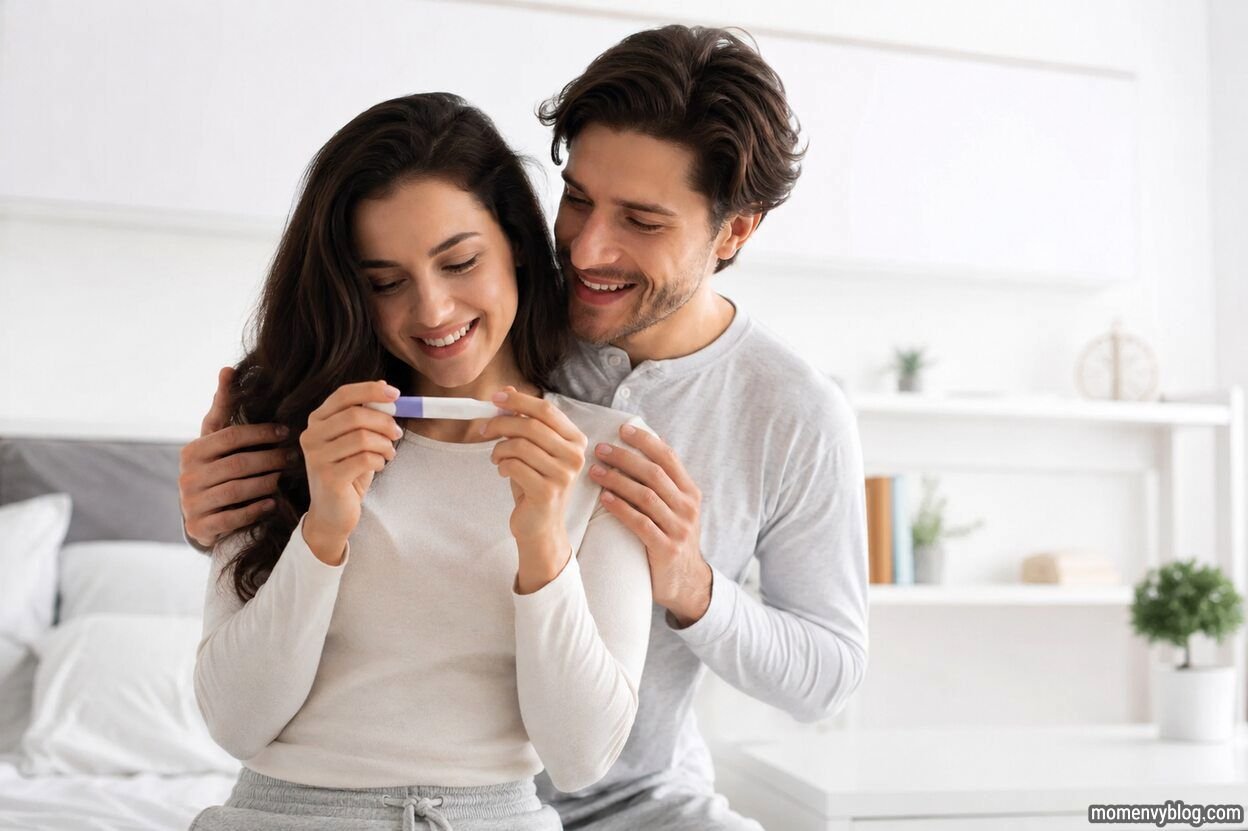Couple trying to conceive during pregnancy week 1, smiling together while holding a home pregnancy test in a bright, modern bedroom.