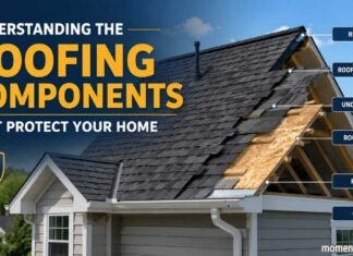 Understanding the Roofing Components That Protect Your Home Modern residential roof highlighting key roofing components including shingles, ridge cap, underlayment, fascia, gutters, and soffit.