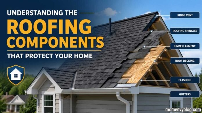 Understanding the Roofing Components That Protect Your Home Modern residential roof highlighting key roofing components including shingles, ridge cap, underlayment, fascia, gutters, and soffit.