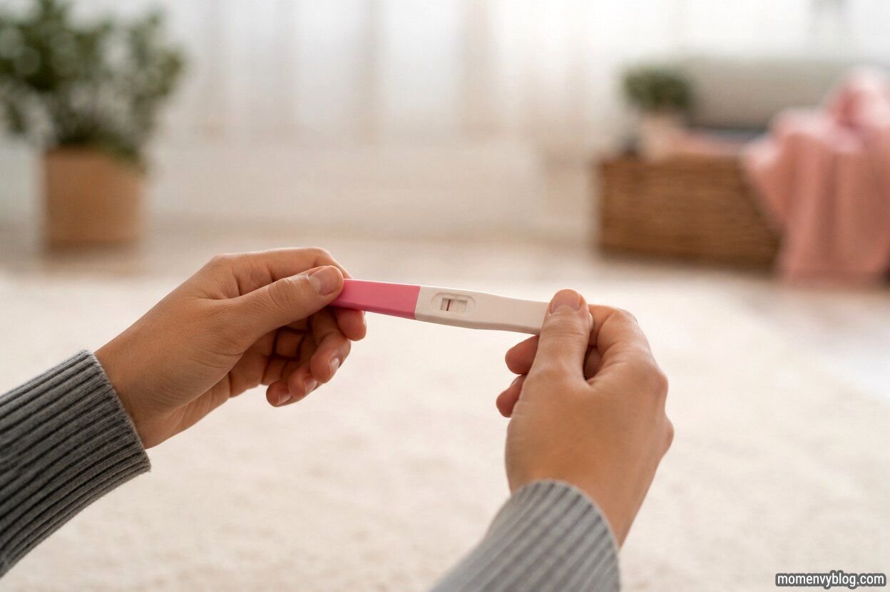 Woman holding a home pregnancy test in a softly lit room, symbolizing the earliest stage of pregnancy at 1 week pregnant.