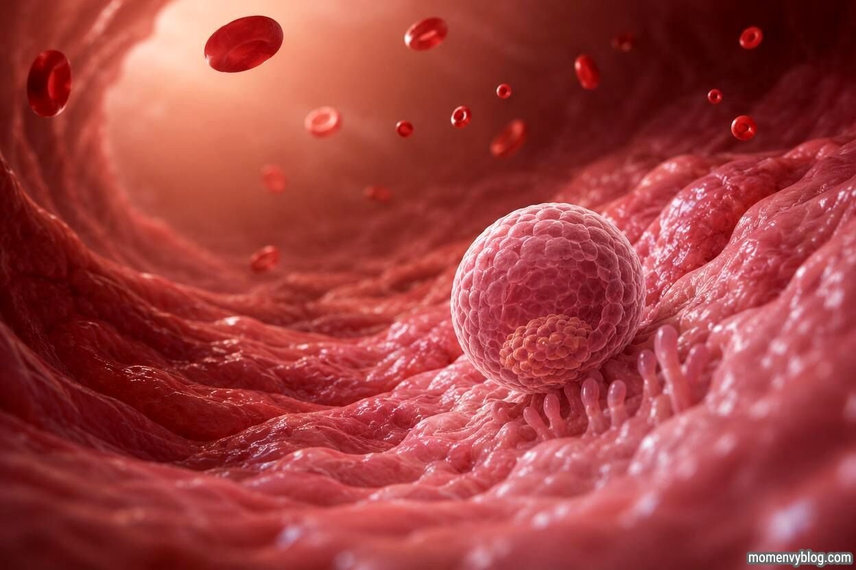 Medical illustration of the uterine lining during the first week of pregnancy, showing early biological changes before implantation occurs.