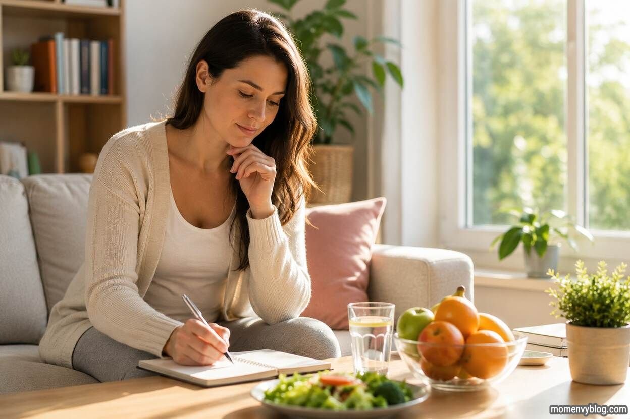 Woman writing in a notebook while sitting beside healthy food and water in a bright living room, representing healthy lifestyle choices during the first week of pregnancy.