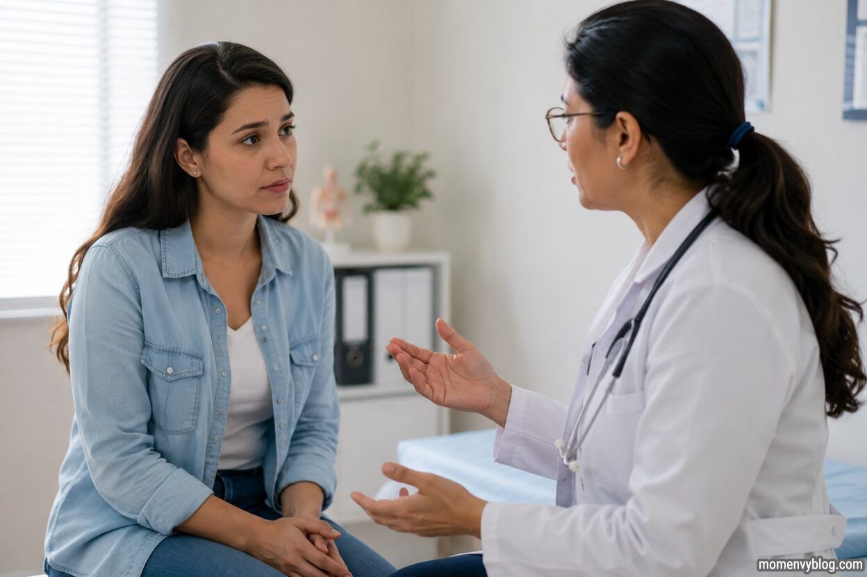 Pregnant woman consulting a healthcare professional in a modern medical clinic, discussing early pregnancy concerns during a routine appointment.