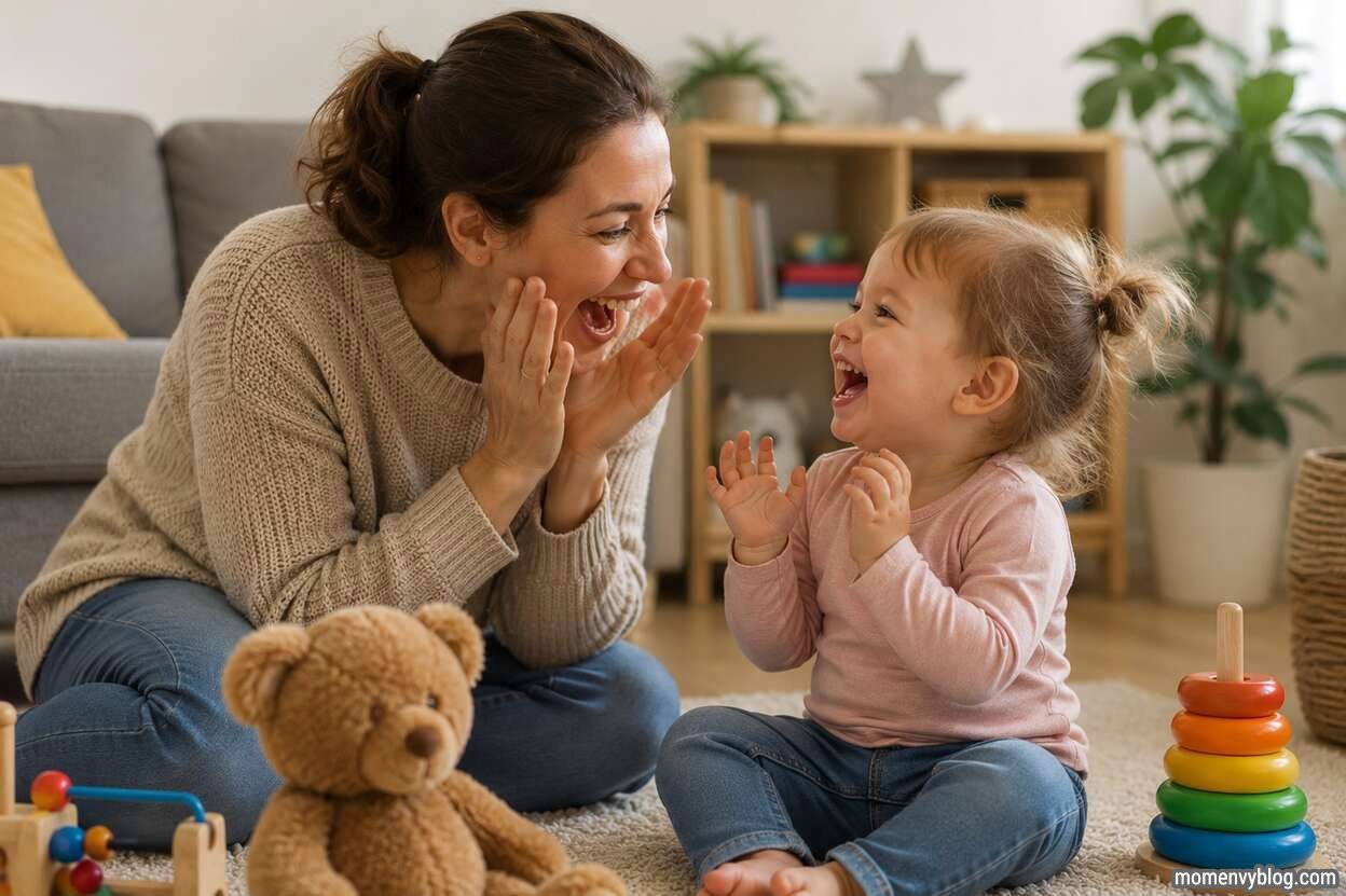 Laughing toddler and parent sharing a funny moment while playing together in a cozy living room with toys.